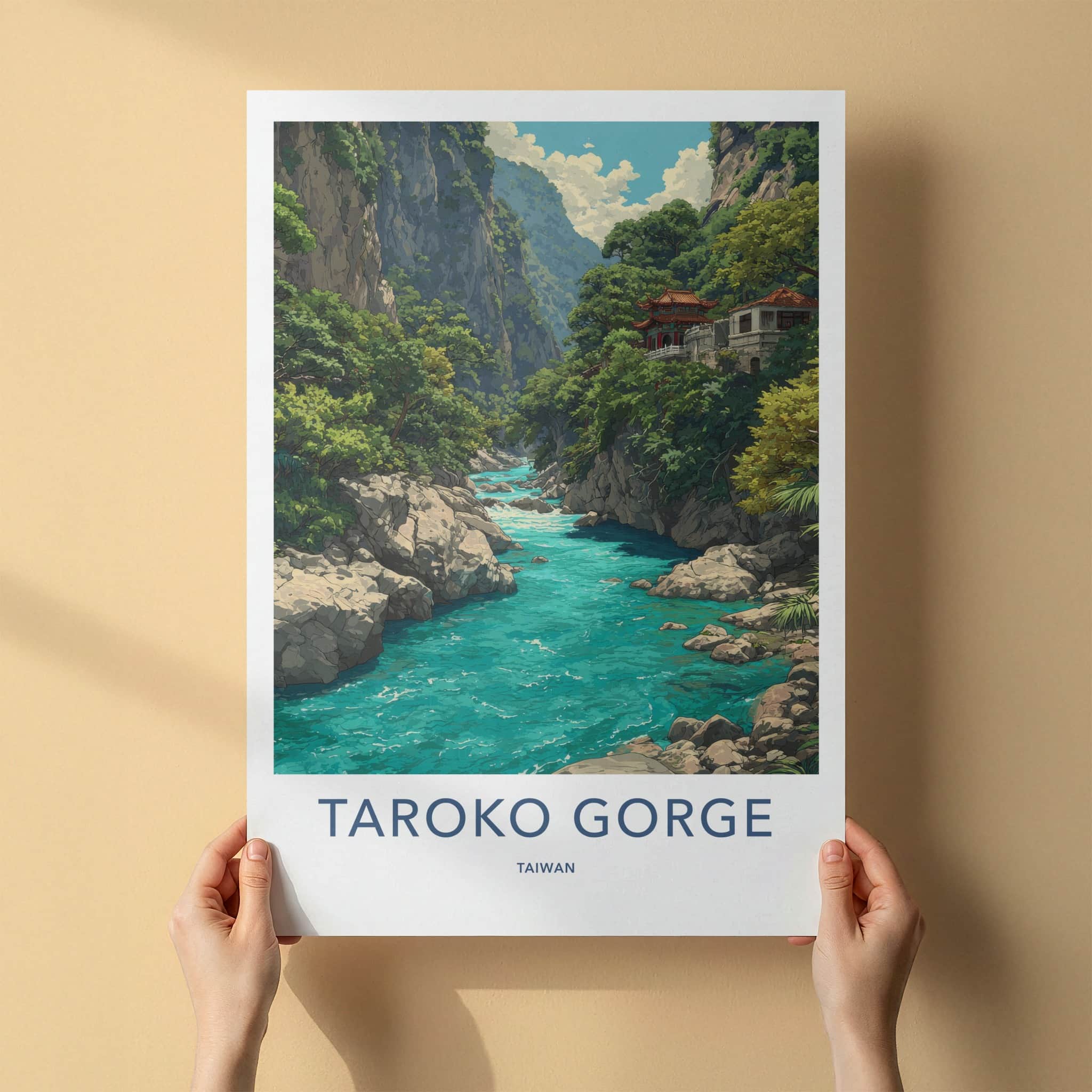 Taroko Gorge Poster - Taiwan Art Print - Mountain River Temple Home Decor