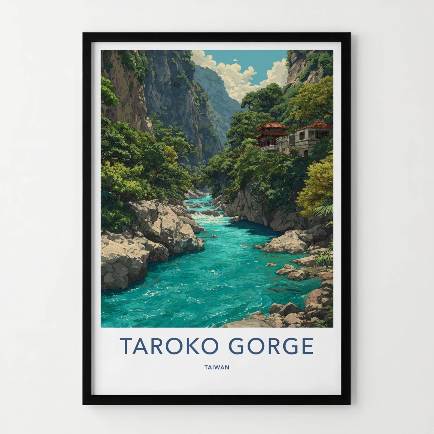Taroko Gorge Poster - Taiwan Art Print - Mountain River Temple Home Decor