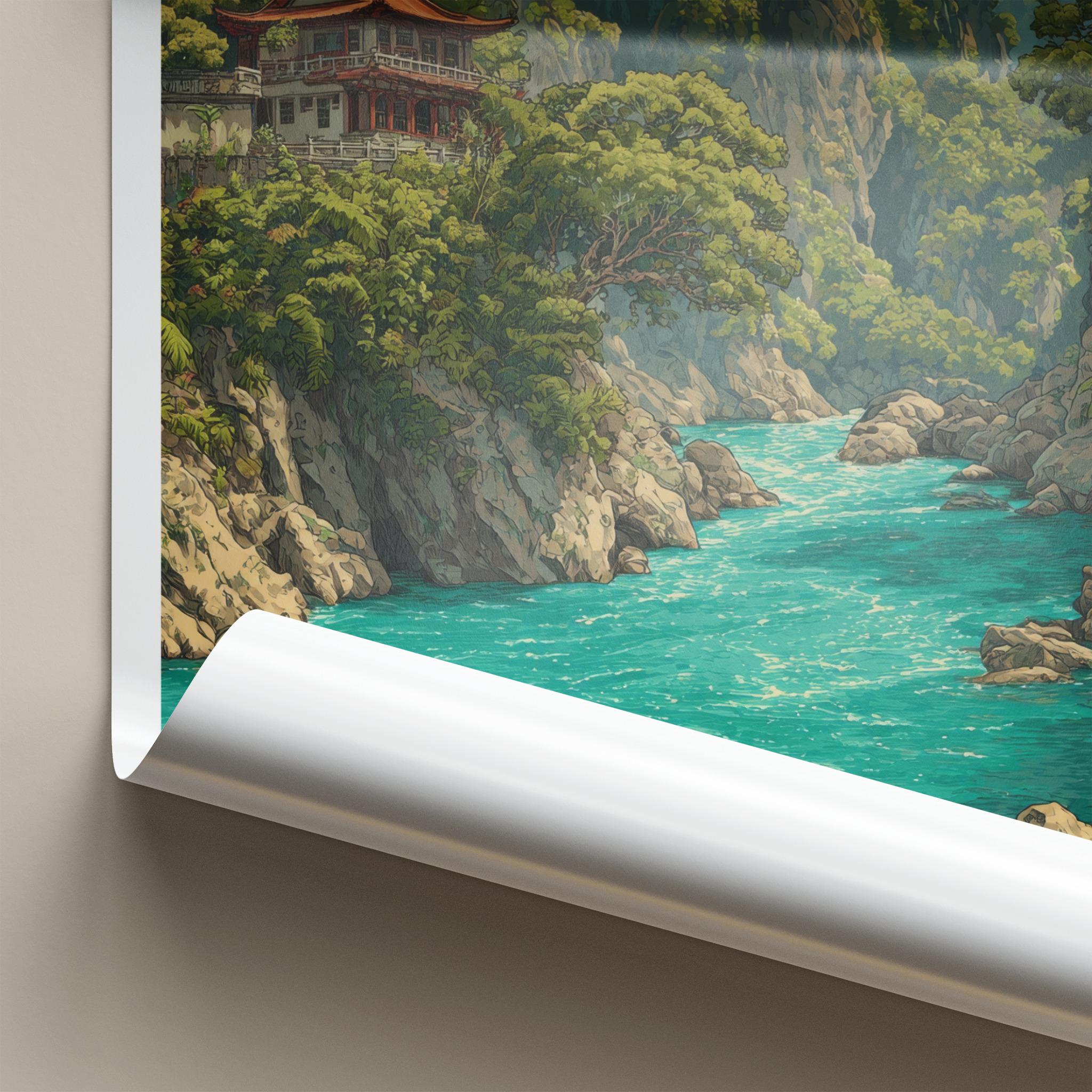 Taroko Gorge Poster - Taiwan Travel Art - Cliffside Temple River Home Decor