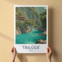 Taroko Gorge Poster - Taiwan Travel Art - Cliffside Temple River Home Decor