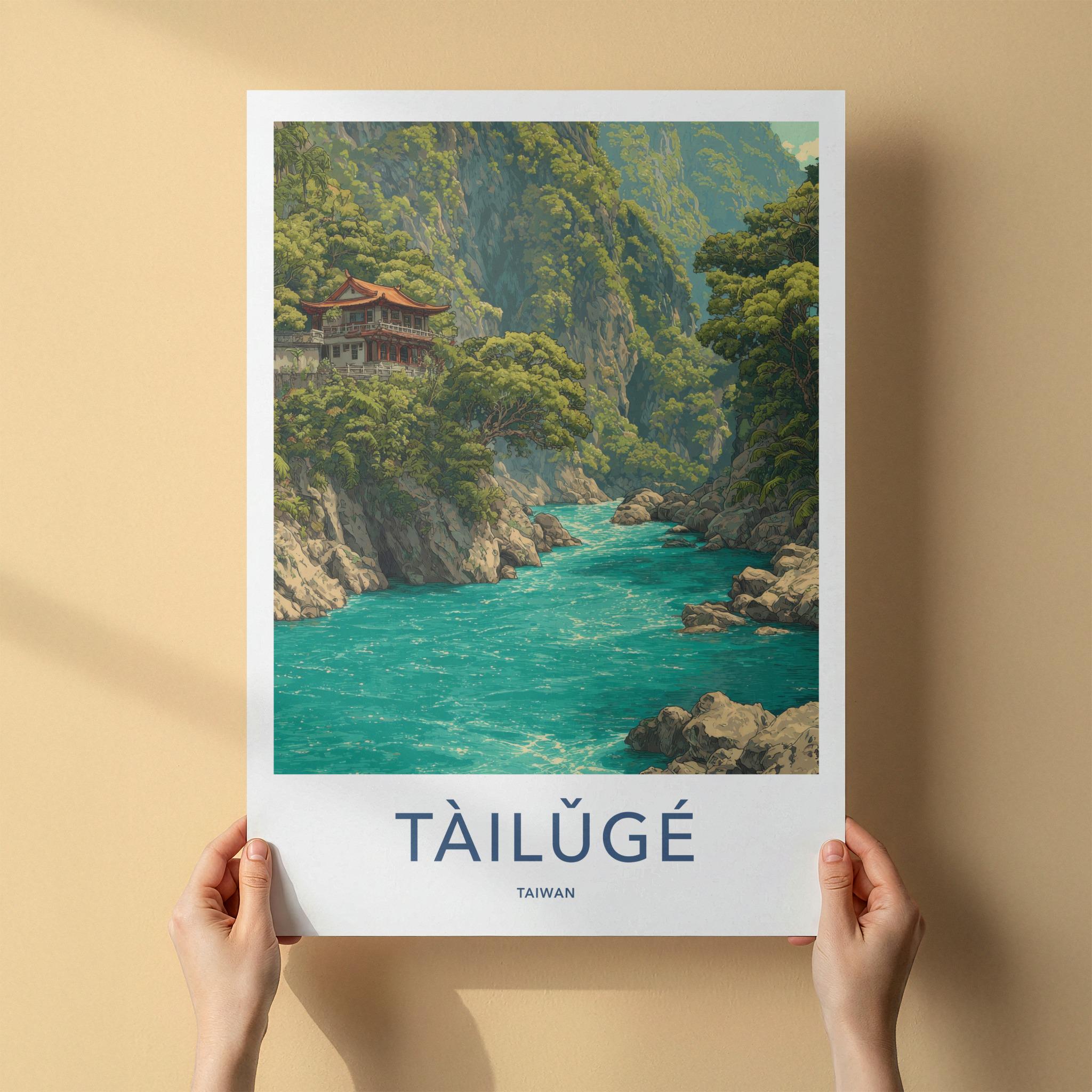 Taroko Gorge Poster - Taiwan Travel Art - Cliffside Temple River Home Decor