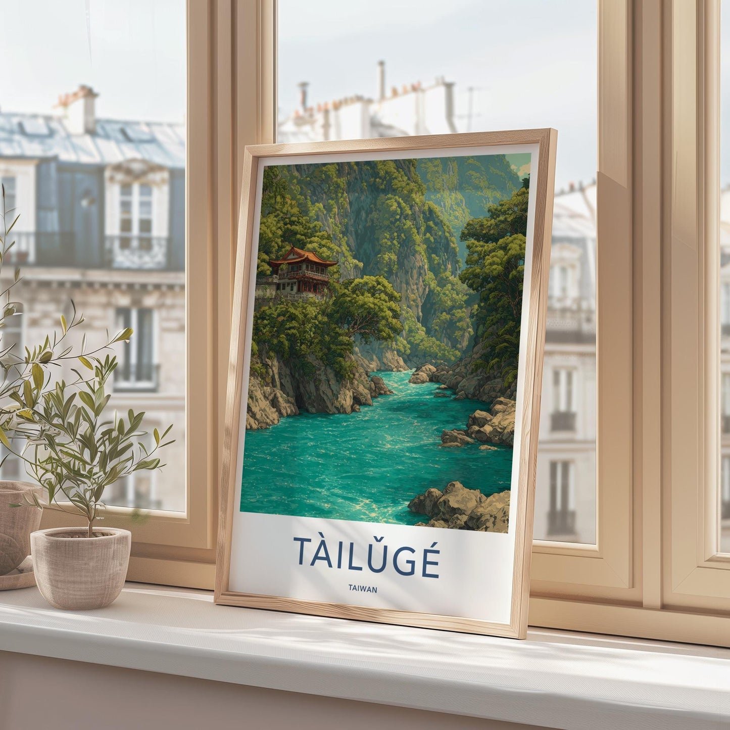 Taroko Gorge Poster - Taiwan Travel Art - Cliffside Temple River Home Decor