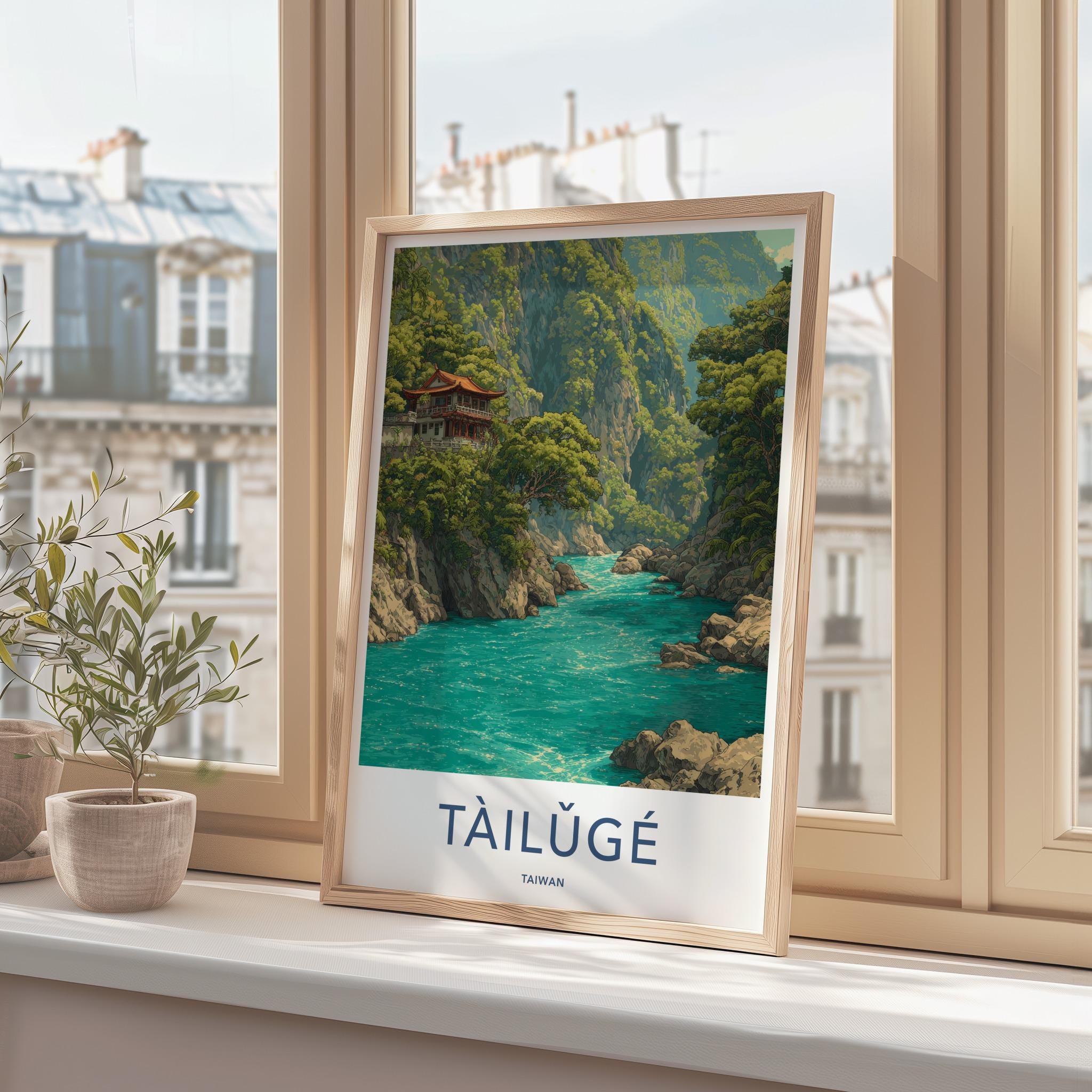 Taroko Gorge Poster - Taiwan Travel Art - Cliffside Temple River Home Decor