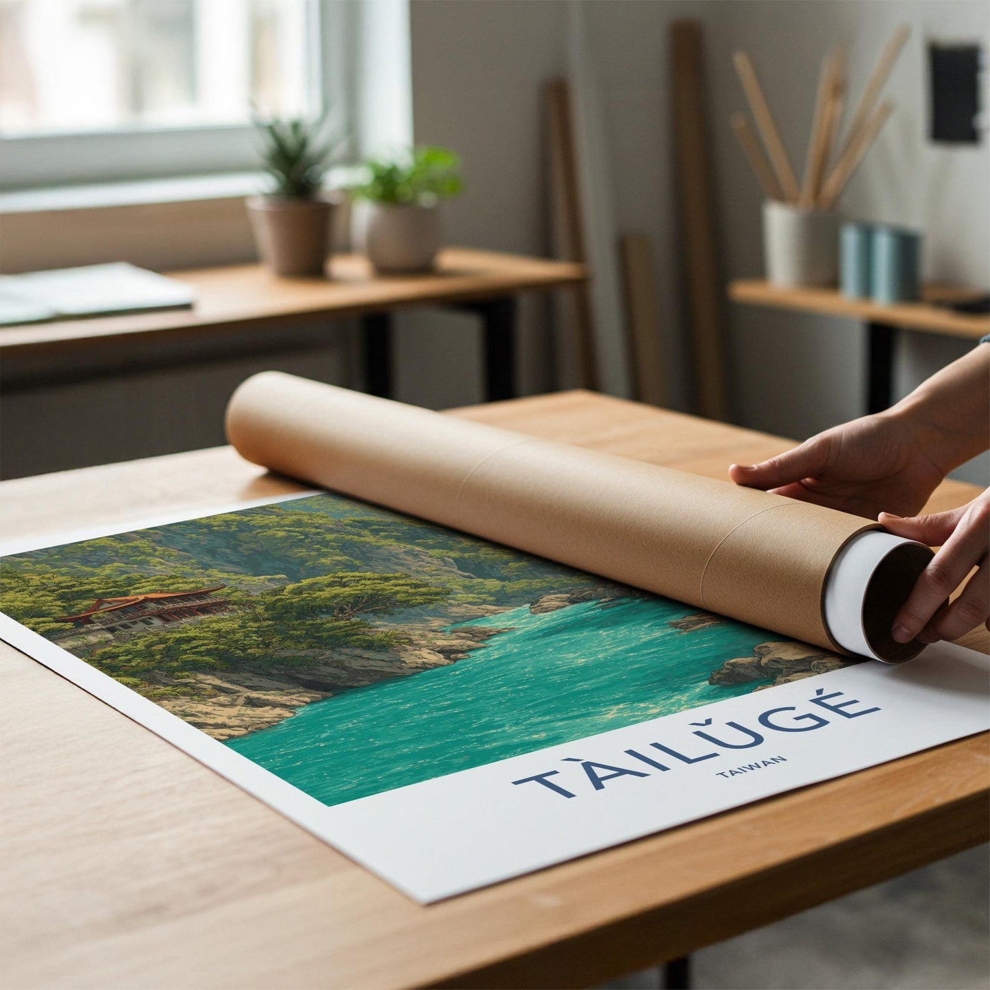 Taroko Gorge Poster - Taiwan Travel Art - Cliffside Temple River Home Decor