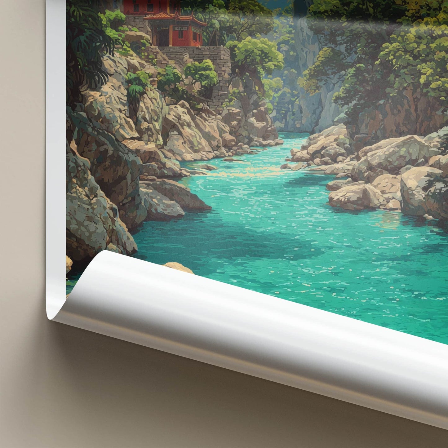 Taroko Gorge Poster - Taiwan Travel Art - Red Building River Wall Decor