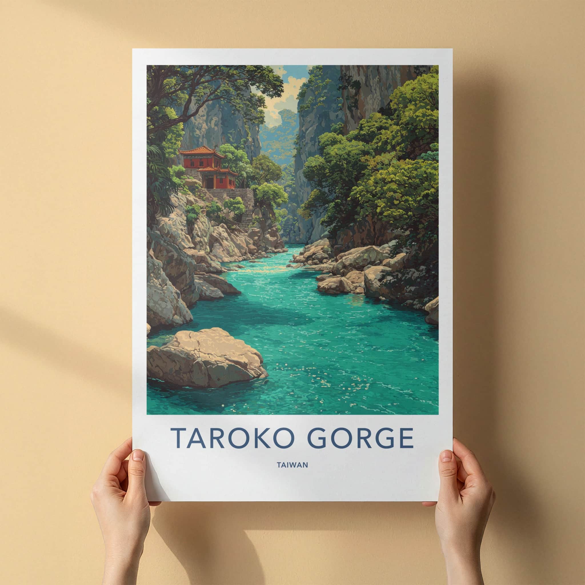 Taroko Gorge Poster - Taiwan Travel Art - Red Building River Wall Decor