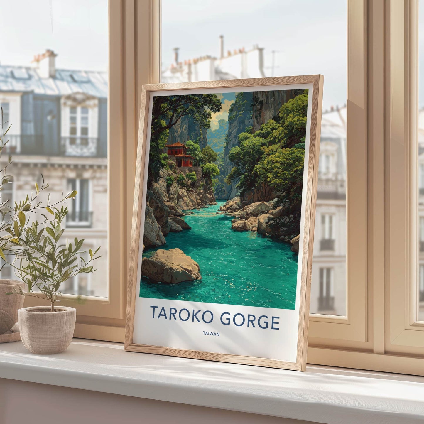 Taroko Gorge Poster - Taiwan Travel Art - Red Building River Wall Decor