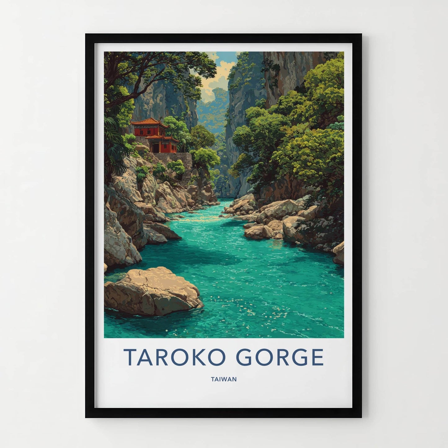 Taroko Gorge Poster - Taiwan Travel Art - Red Building River Wall Decor