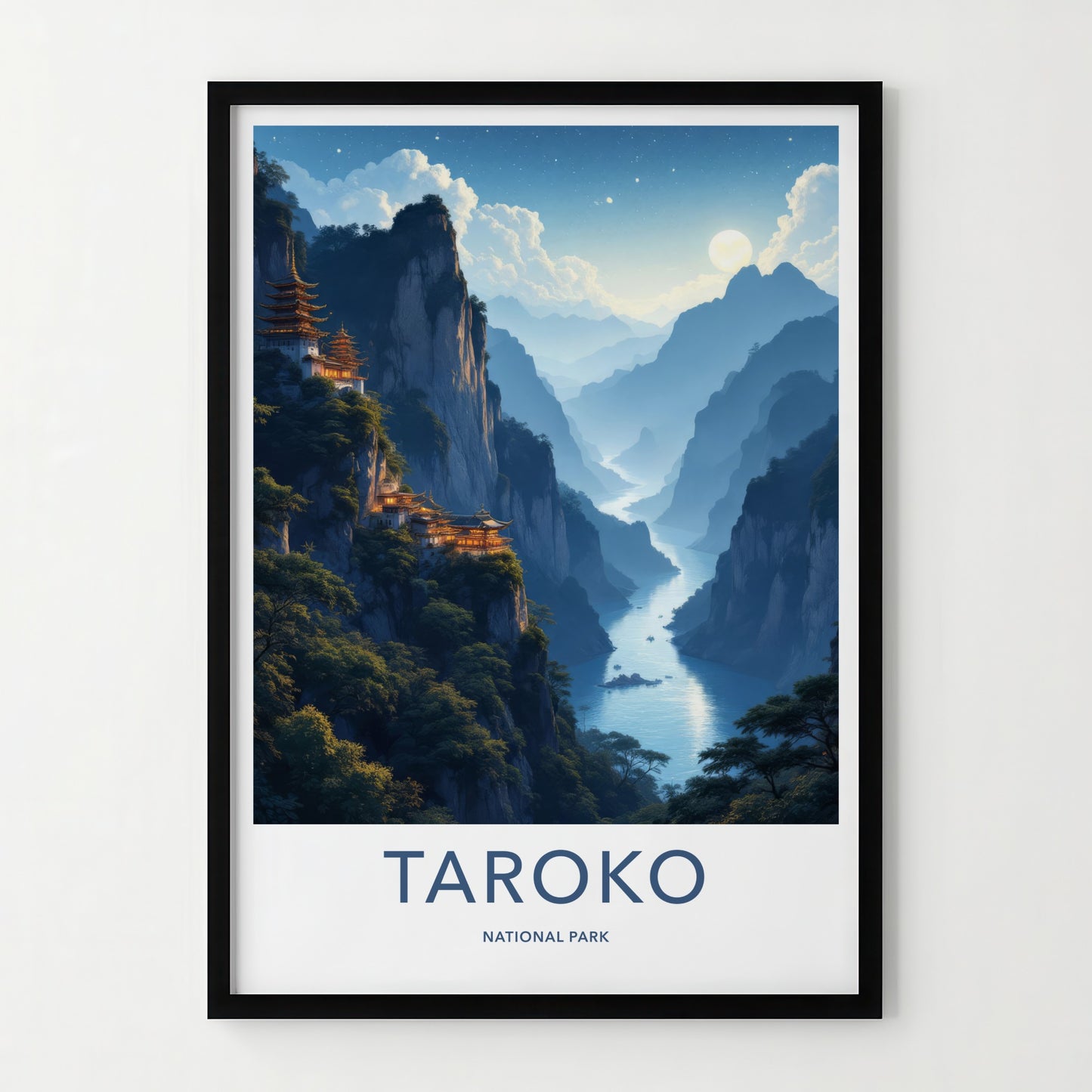 Taroko National Park Poster - Taiwan Travel Art - Moonlit Canyon Pagodas Home Decor