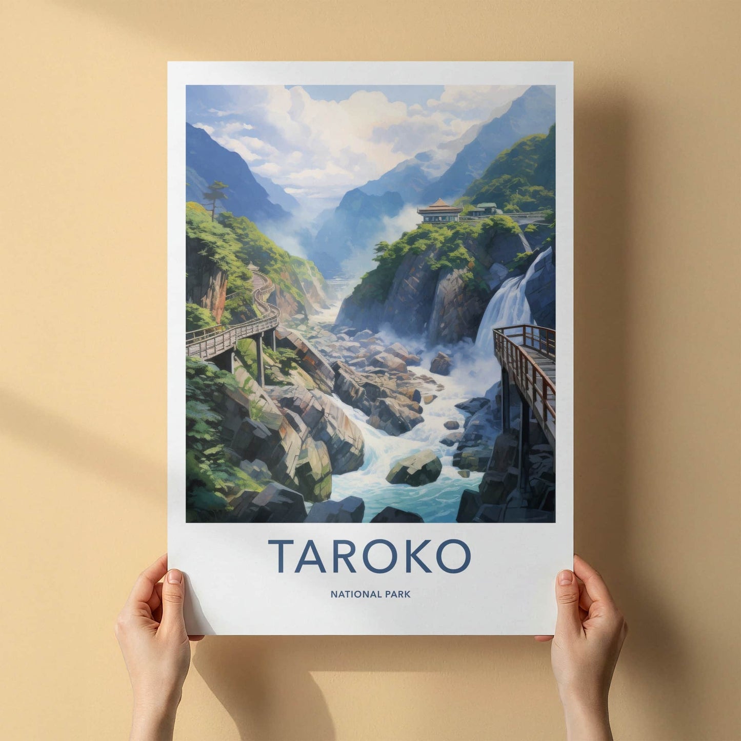 Taroko National Park Poster - Taiwan Wall Art - Mountain River Temple Home Decor
