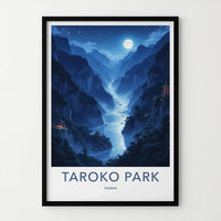 Taroko Park Poster - Taiwan Travel Art - Moonlit River Temples Wall Decor