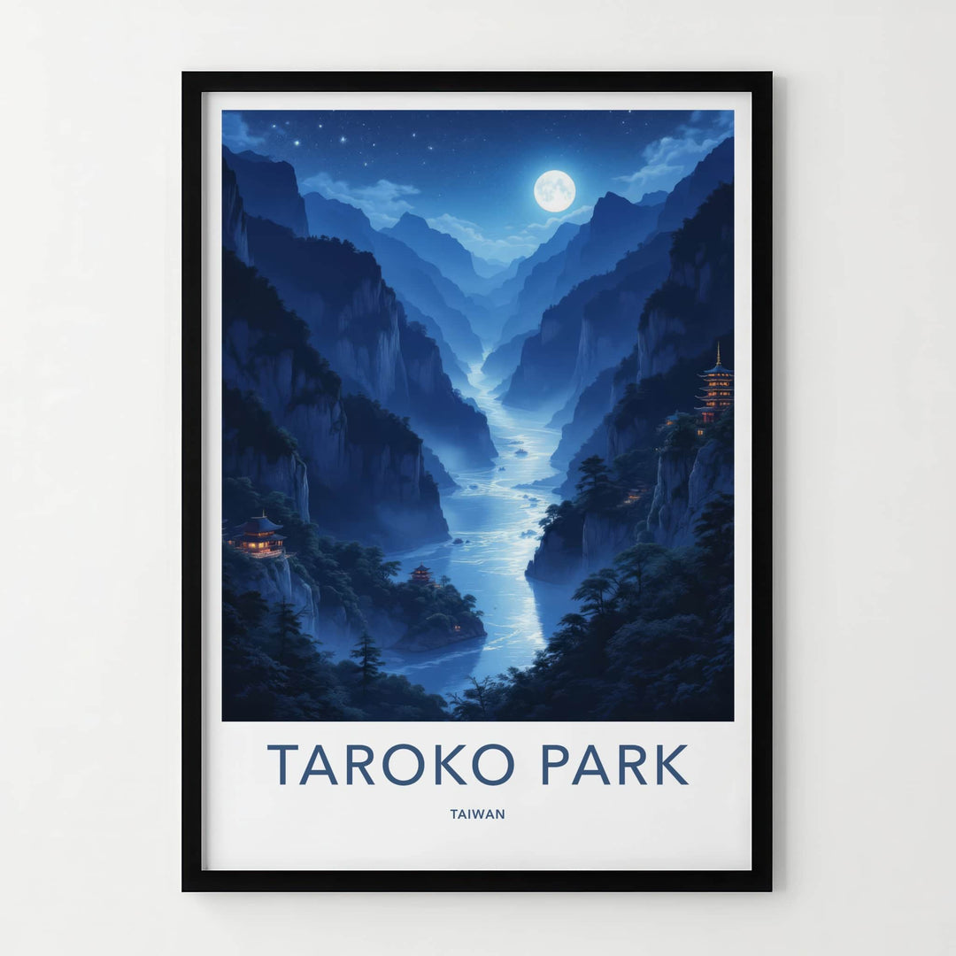 Taroko Park Poster - Taiwan Travel Art - Moonlit River Temples Wall Decor