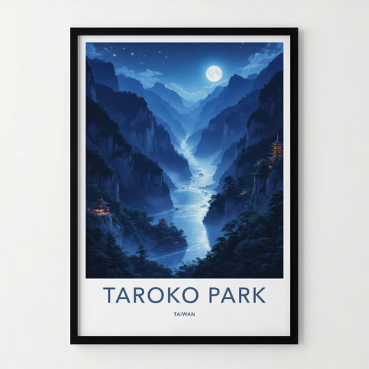 Taroko Park Poster - Taiwan Travel Art - Moonlit River Temples Wall Decor