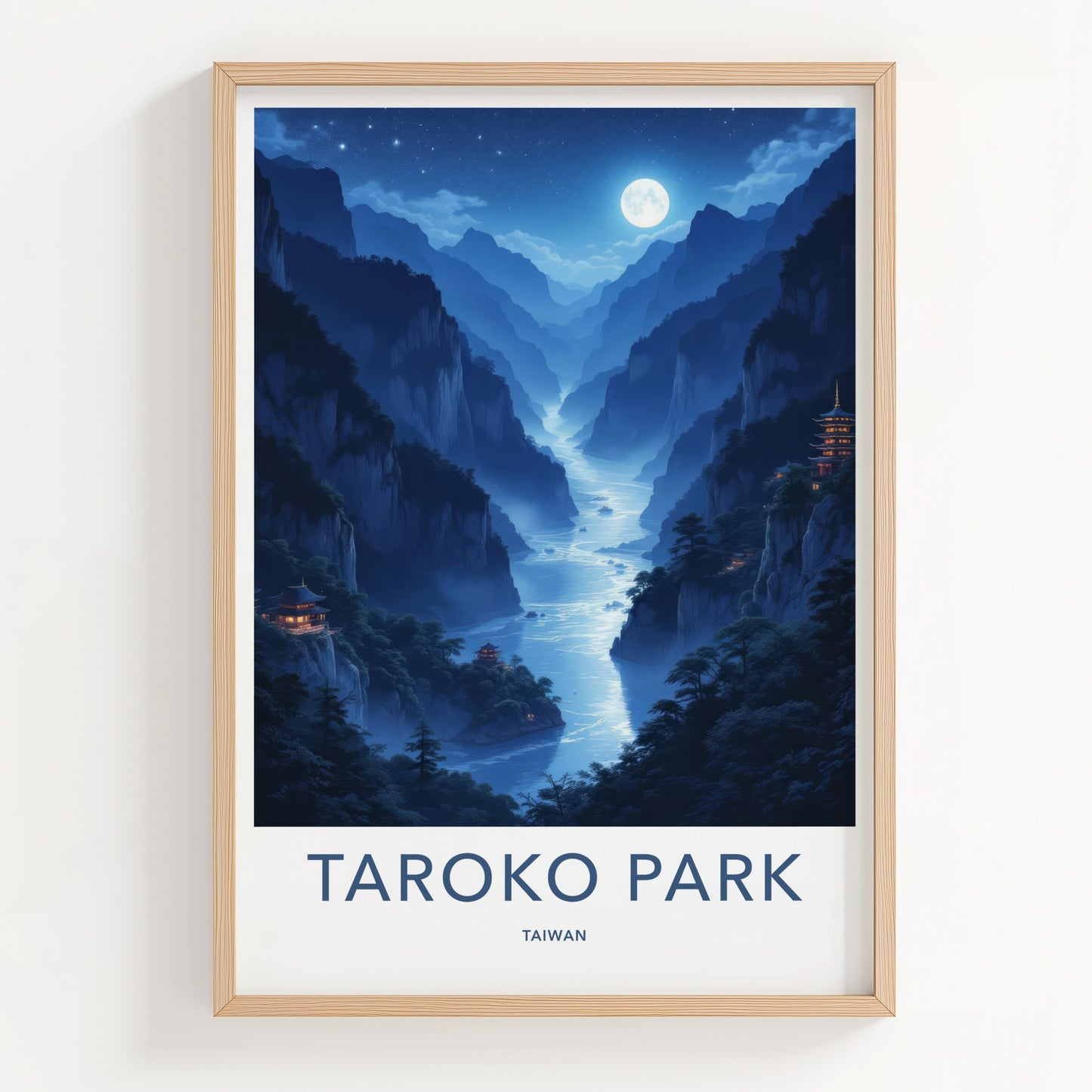 Taroko Park Poster - Taiwan Travel Art - Moonlit River Temples Wall Decor