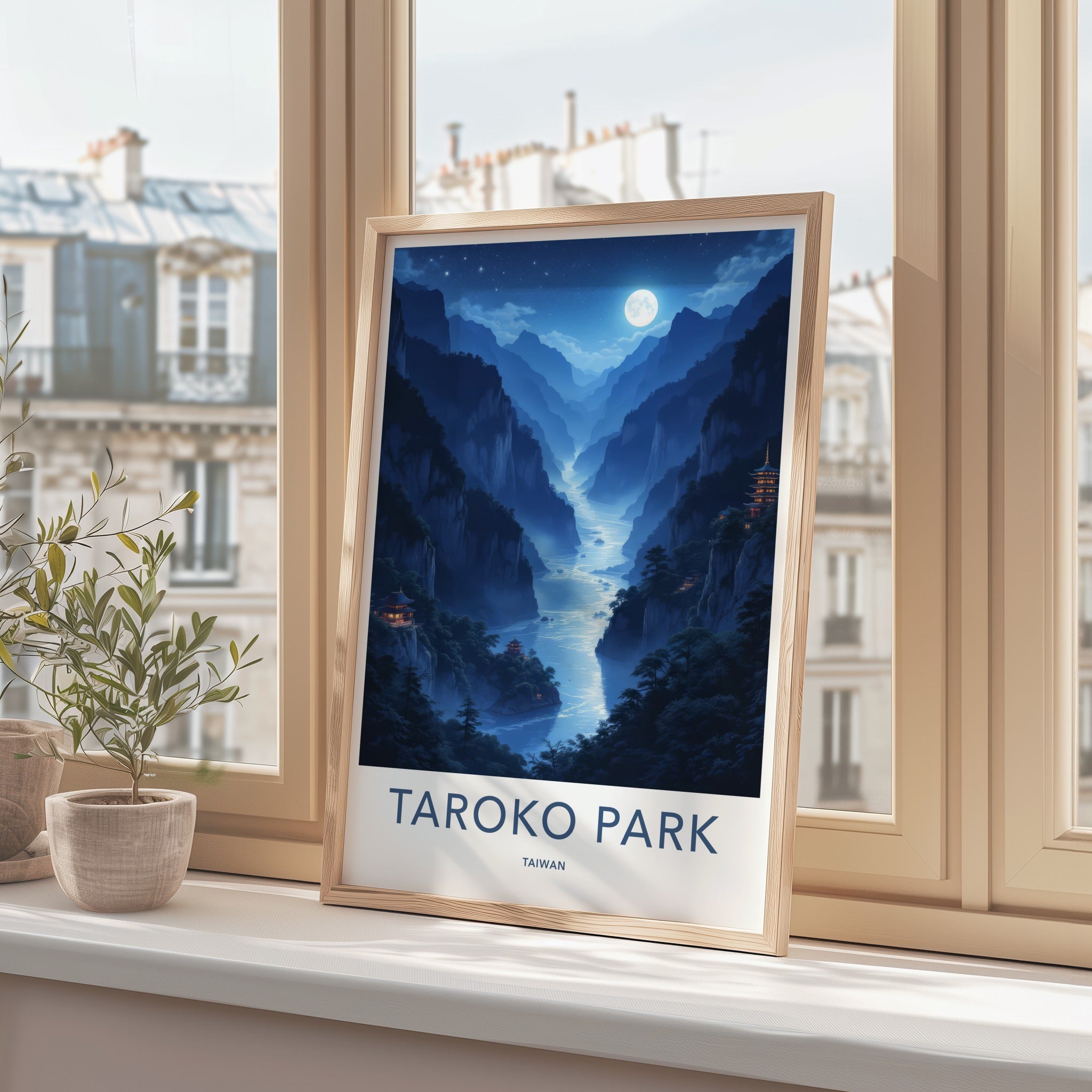 Taroko Park Poster - Taiwan Travel Art - Moonlit River Temples Wall Decor
