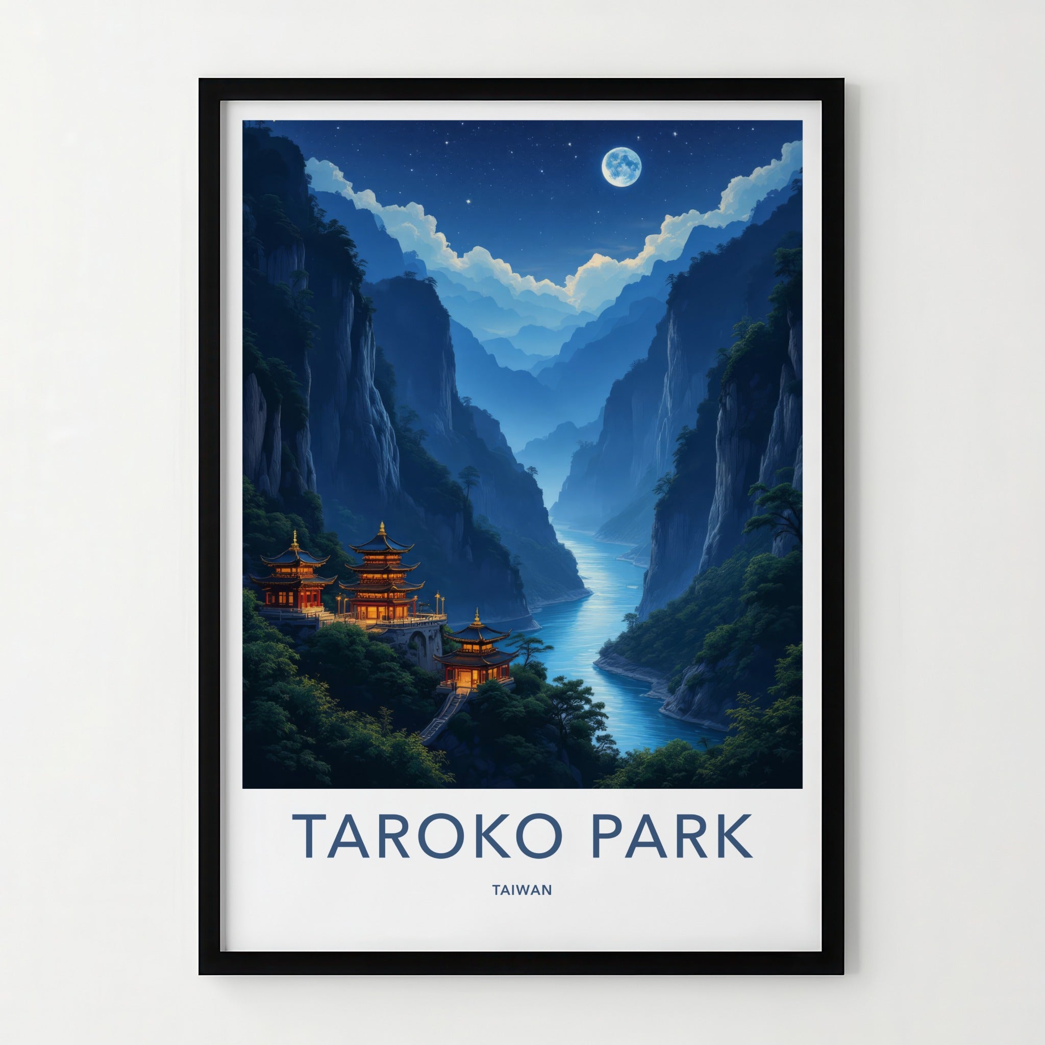 Taroko Park Poster - Taiwan Travel Art - Moonlit Temples River Home Decor