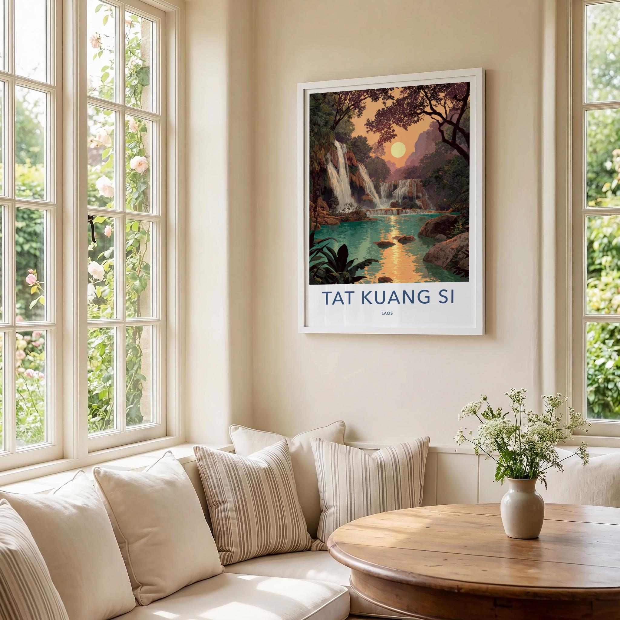 Tat Kuang Si Poster - Laos Travel Art - Emerald Pool Sunset Home Decor