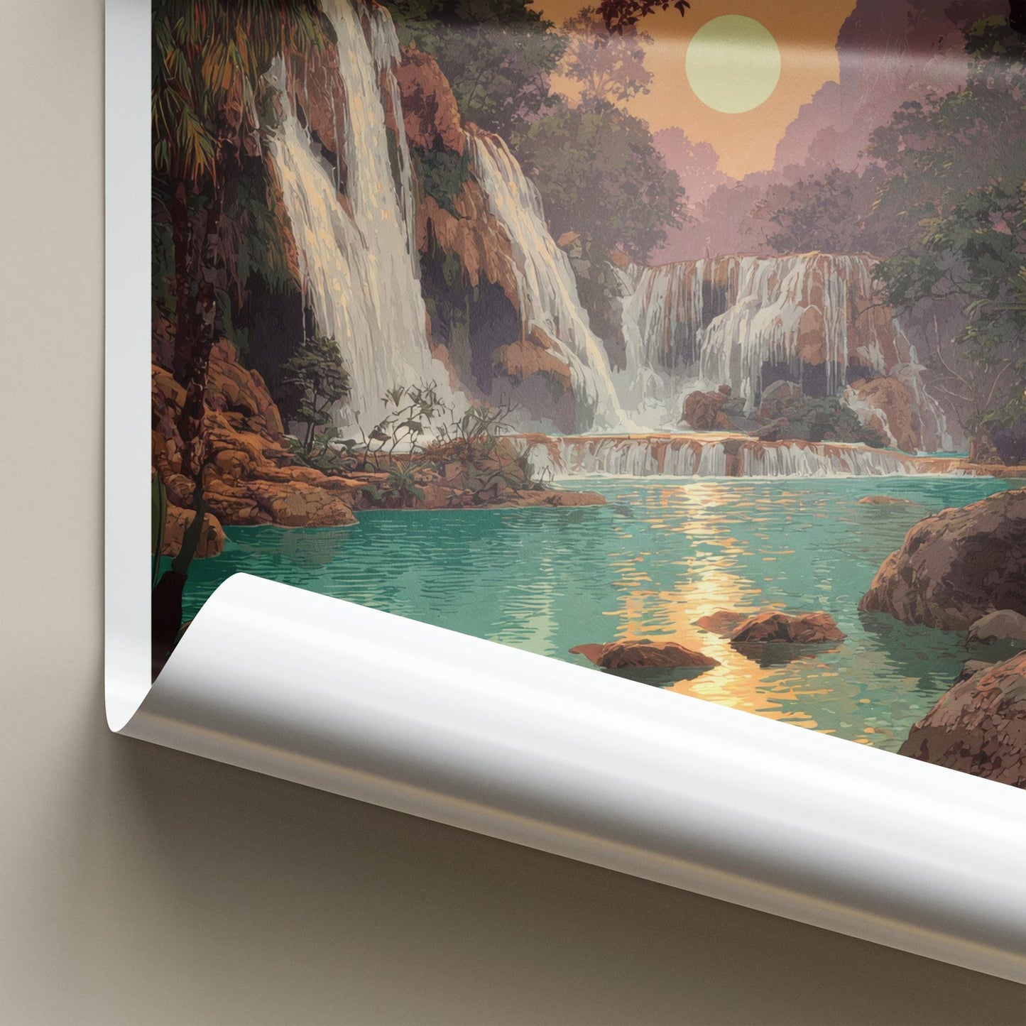 Tat Kuang Si Poster - Laos Travel Art - Emerald Pool Sunset Home Decor