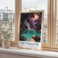 Tat Kuang Si Poster - Laos Travel Art - Emerald Waterfalls Sunset Home Decor