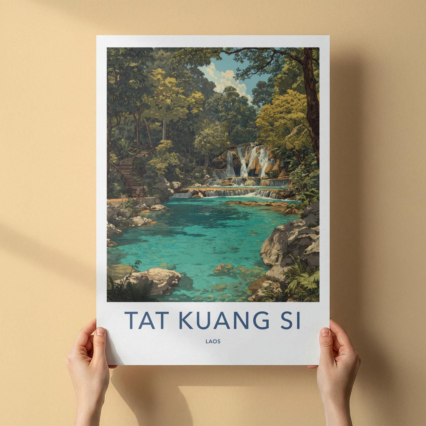 Tat Kuang Si Poster - Laos Travel Art - Tiered Waterfall Pools Home Decor