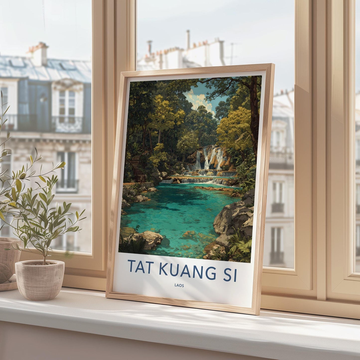 Tat Kuang Si Poster - Laos Travel Art - Tiered Waterfall Pools Home Decor