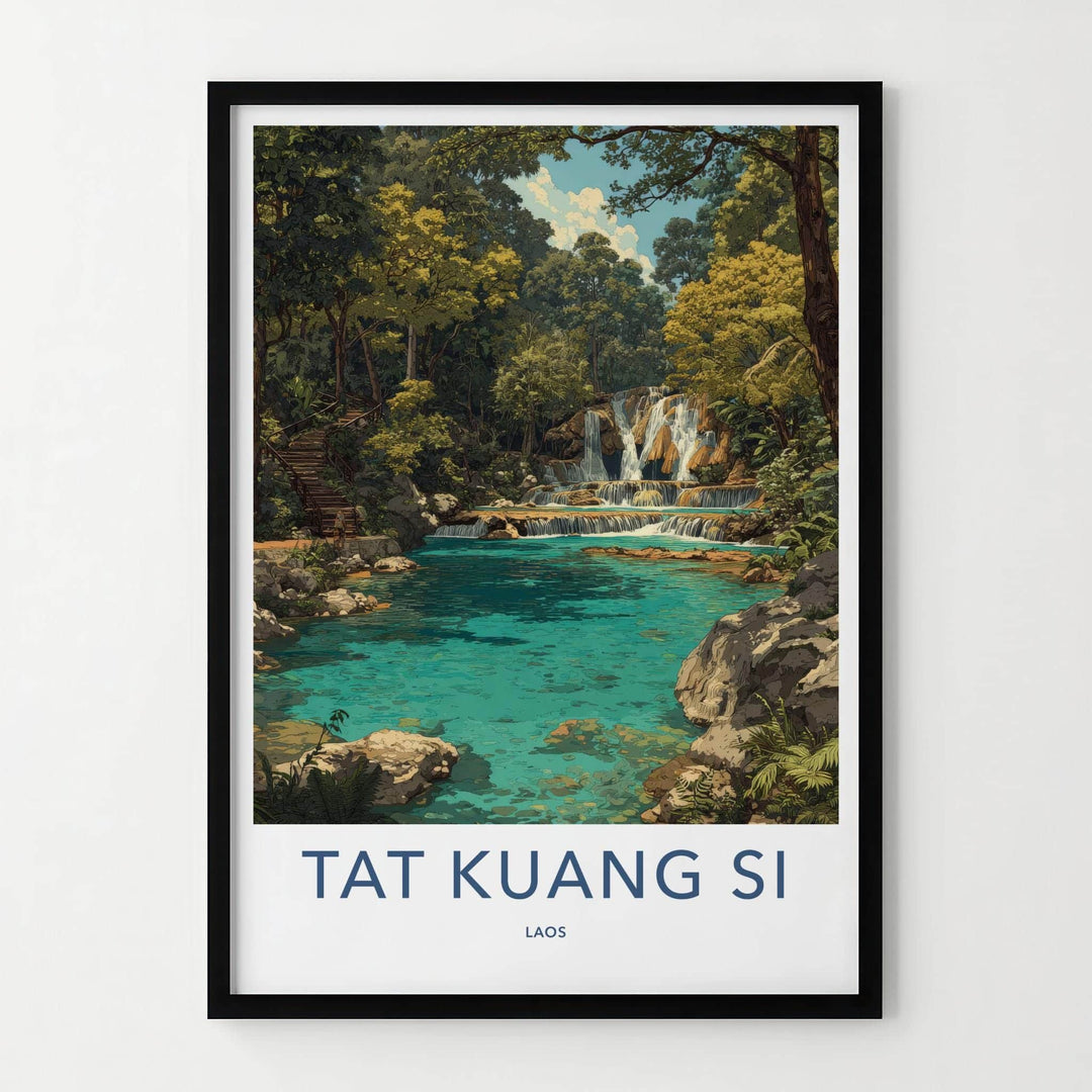 Tat Kuang Si Poster - Laos Travel Art - Tiered Waterfall Pools Home Decor