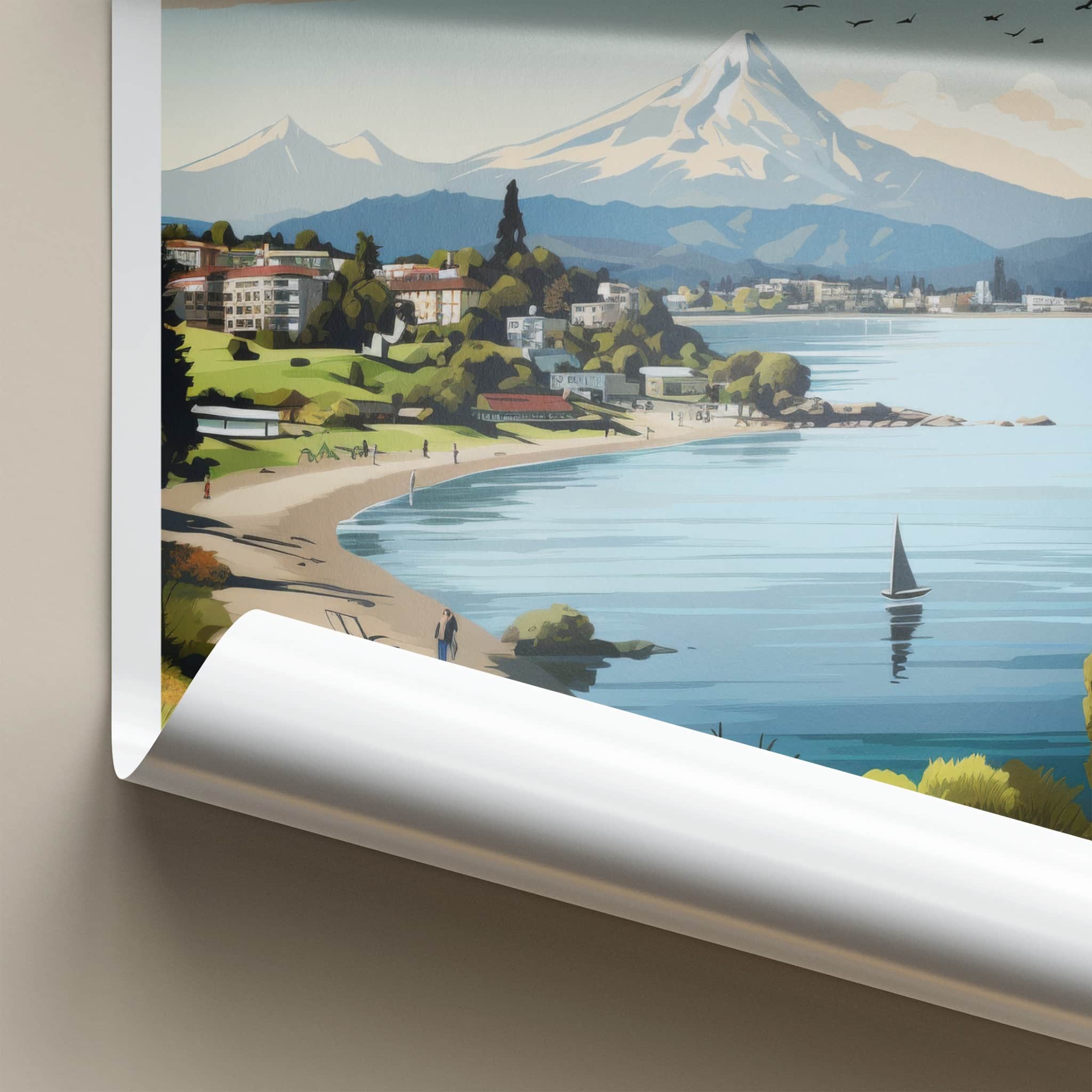 Taupo Poster - New Zealand Travel Art - Lakeshore Mountain Town Home Decor