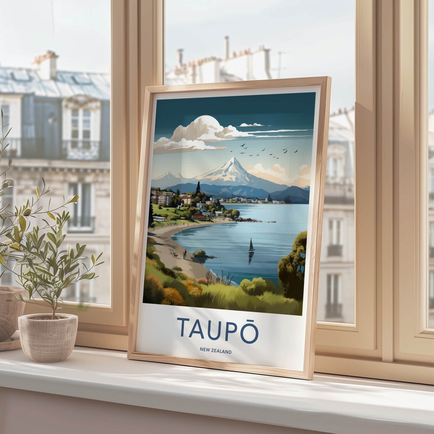 Taupo Poster - New Zealand Travel Art - Lakeshore Mountain Town Home Decor