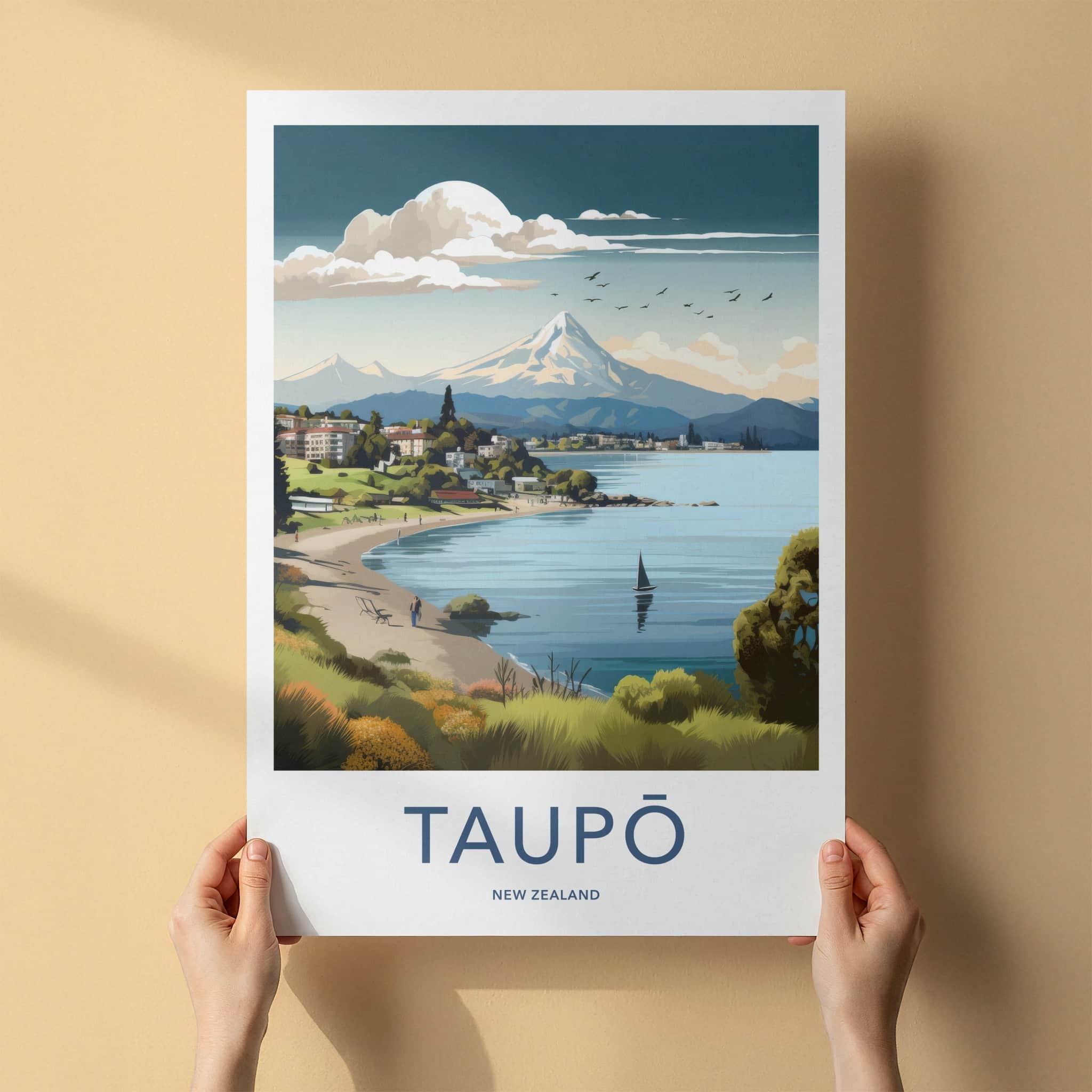 Taupo Poster - New Zealand Travel Art - Lakeshore Mountain Town Home Decor