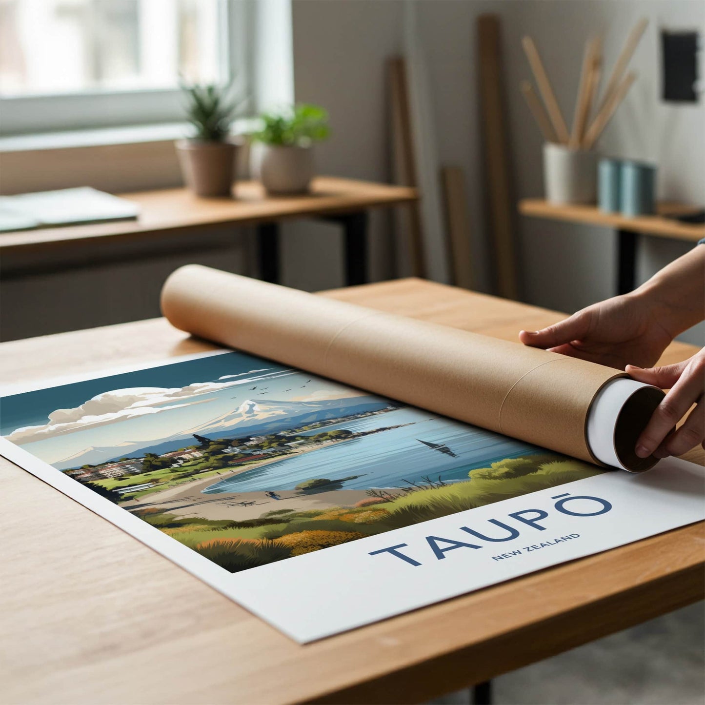 Taupo Poster - New Zealand Travel Art - Lakeshore Mountain Town Home Decor
