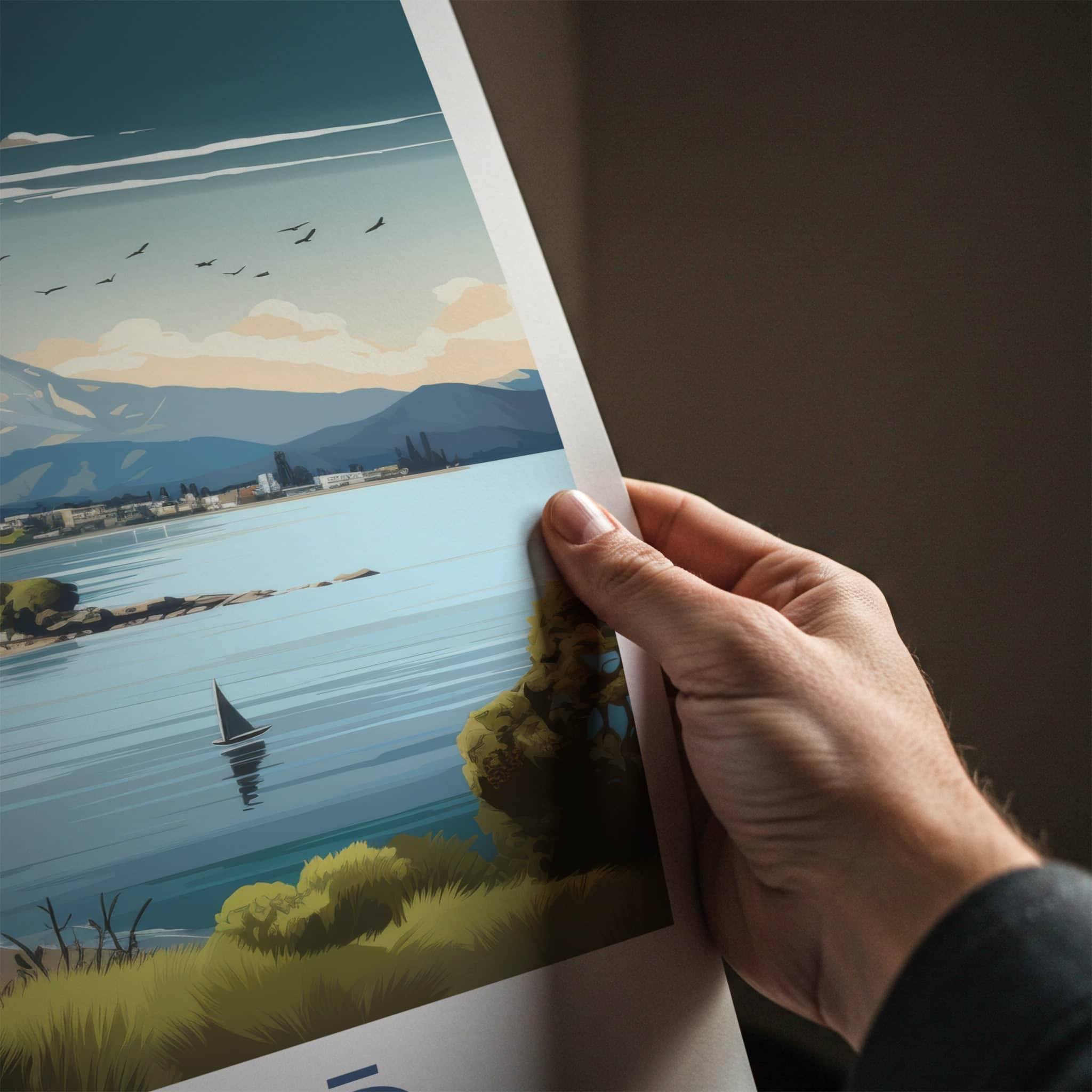 Taupo Poster - New Zealand Travel Art - Lakeshore Mountain Town Home Decor