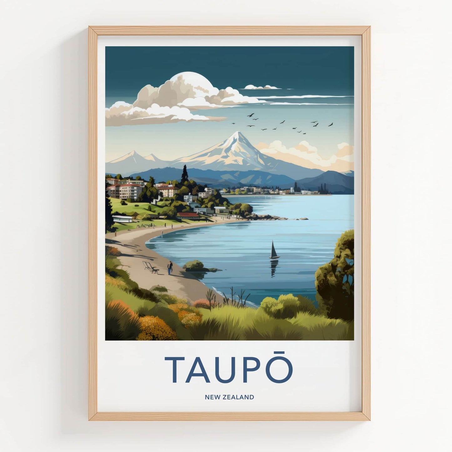 Taupo Poster - New Zealand Travel Art - Lakeshore Mountain Town Home Decor