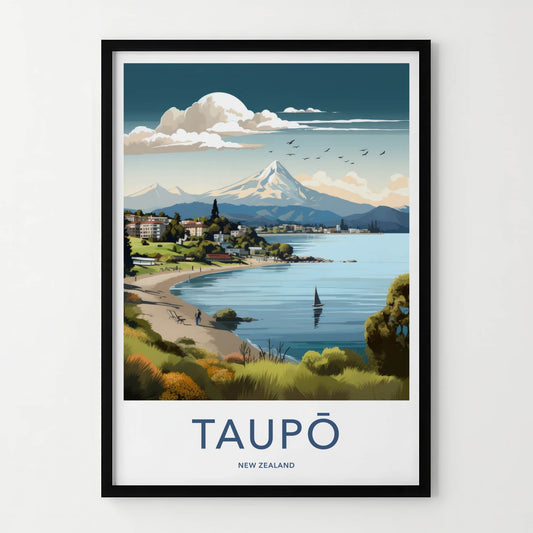 Taupo Poster - New Zealand Travel Art - Lakeshore Mountain Town Home Decor