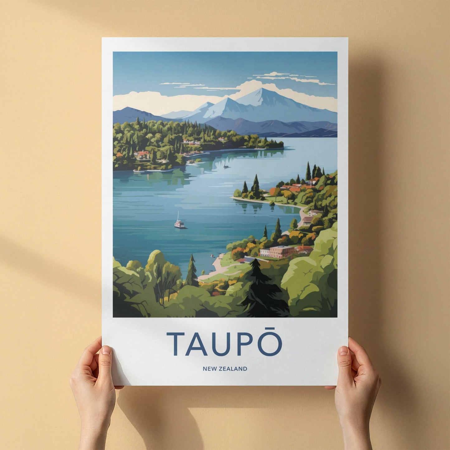 Taupo Poster - New Zealand Travel Art - Lakeside Mountain Scene Home Decor