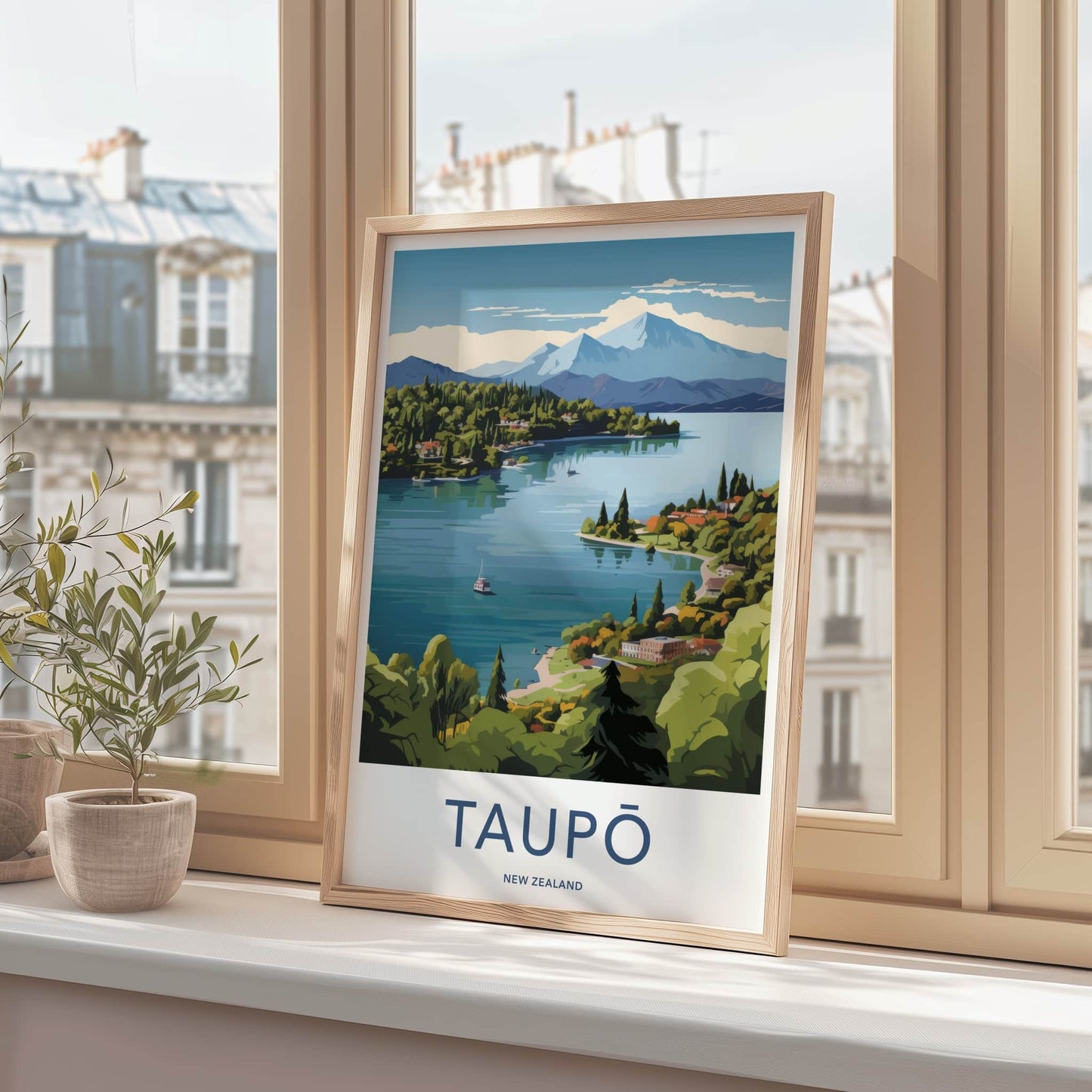 Taupo Poster - New Zealand Travel Art - Lakeside Mountain Scene Home Decor