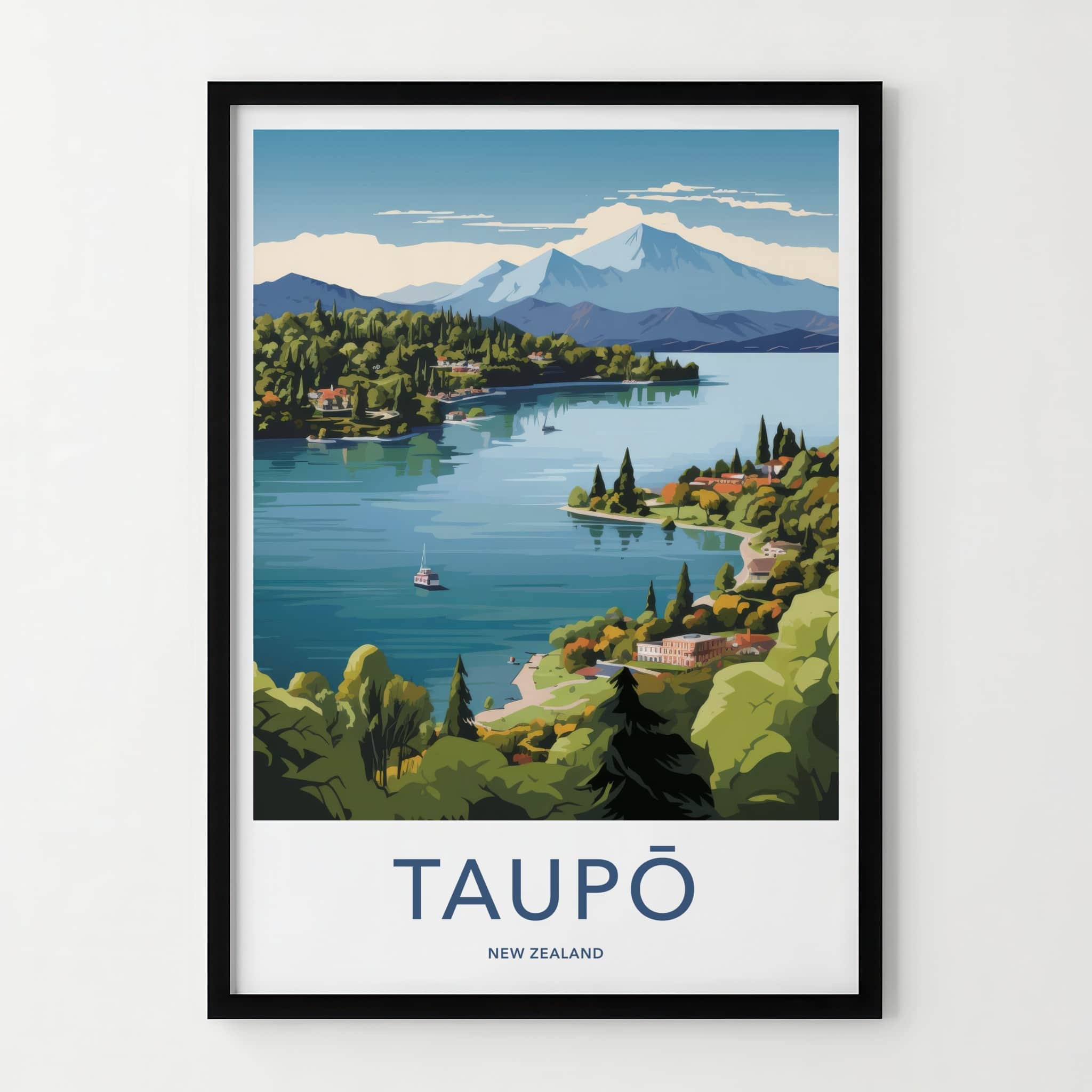 Taupo Poster - New Zealand Travel Art - Lakeside Mountain Scene Home Decor