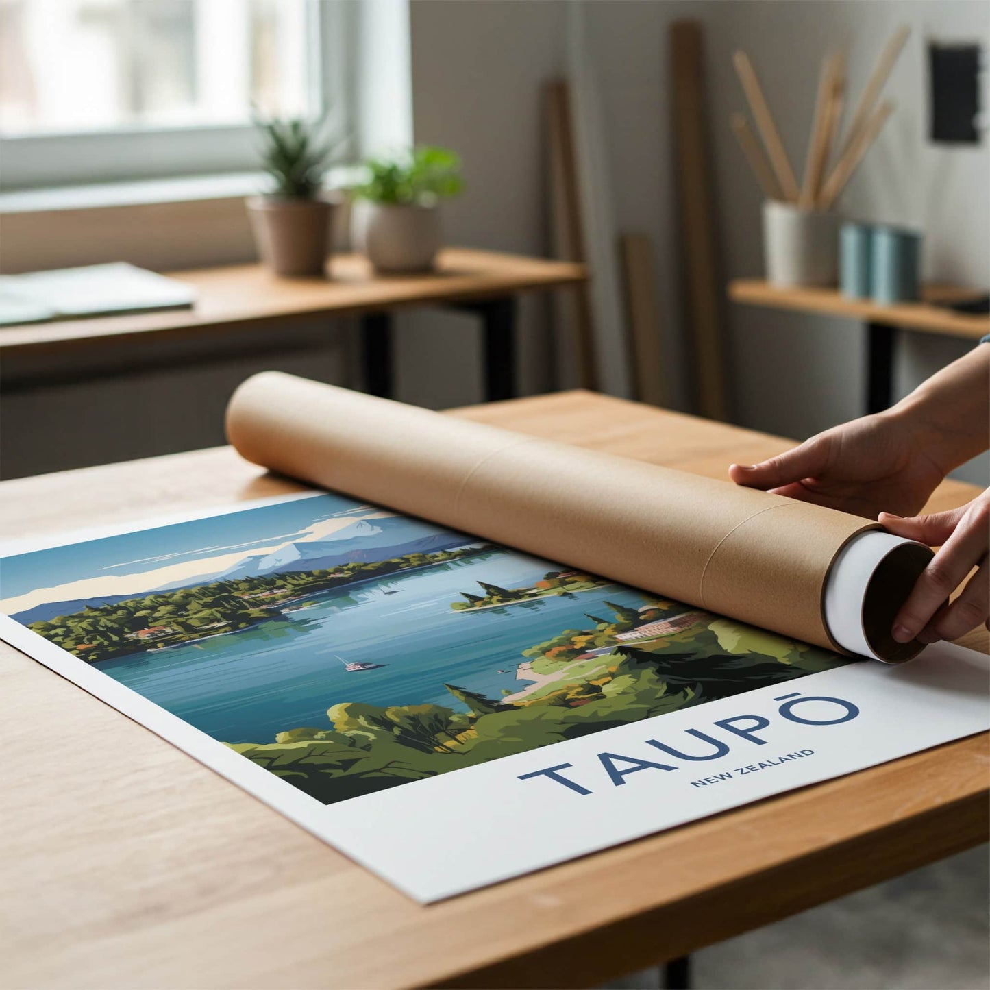 Taupo Poster - New Zealand Travel Art - Lakeside Mountain Scene Home Decor