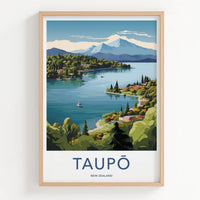 Taupo Poster - New Zealand Travel Art - Lakeside Mountain Scene Home Decor