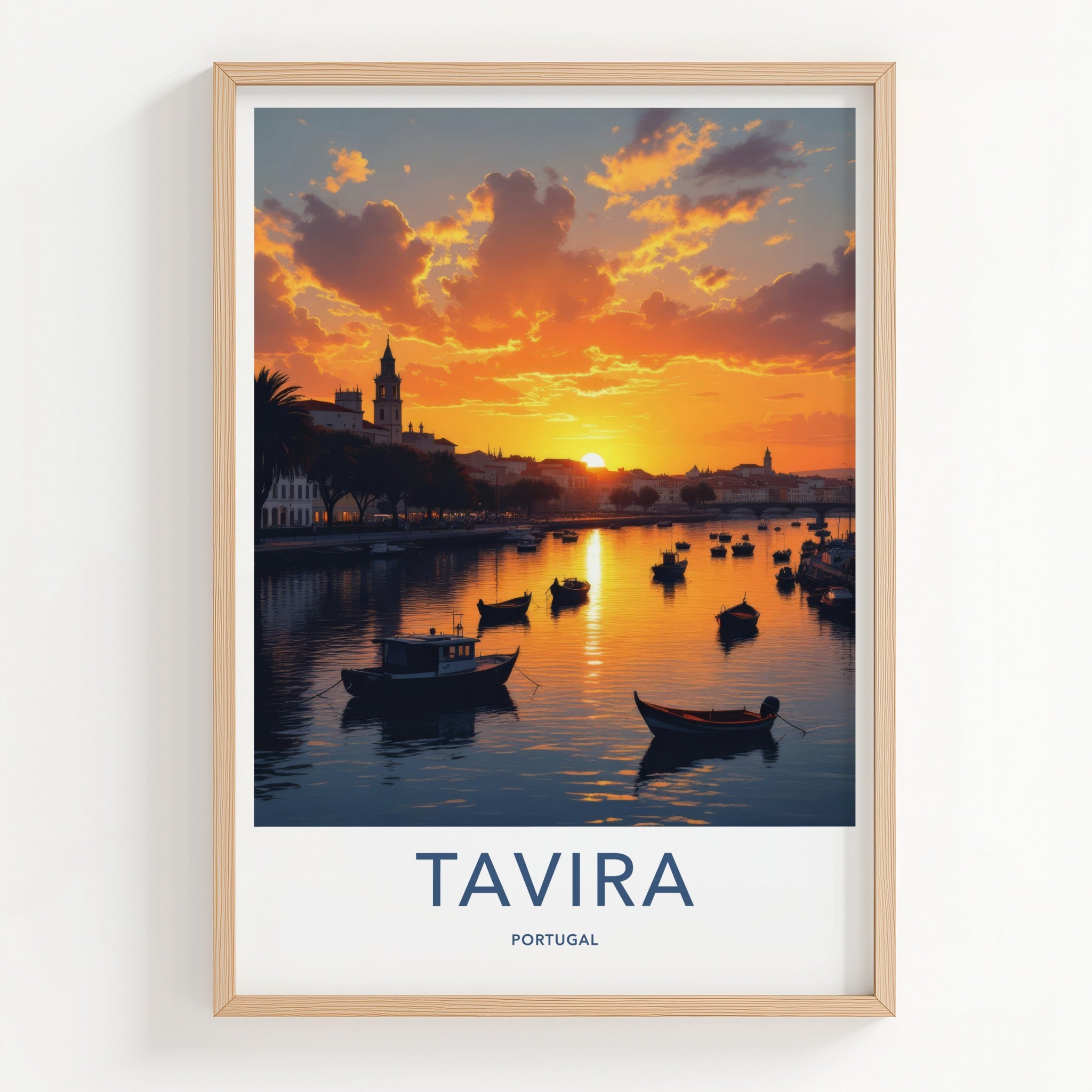 Tavira Poster - Portugal Travel Art - Golden River Boats Wall Decor