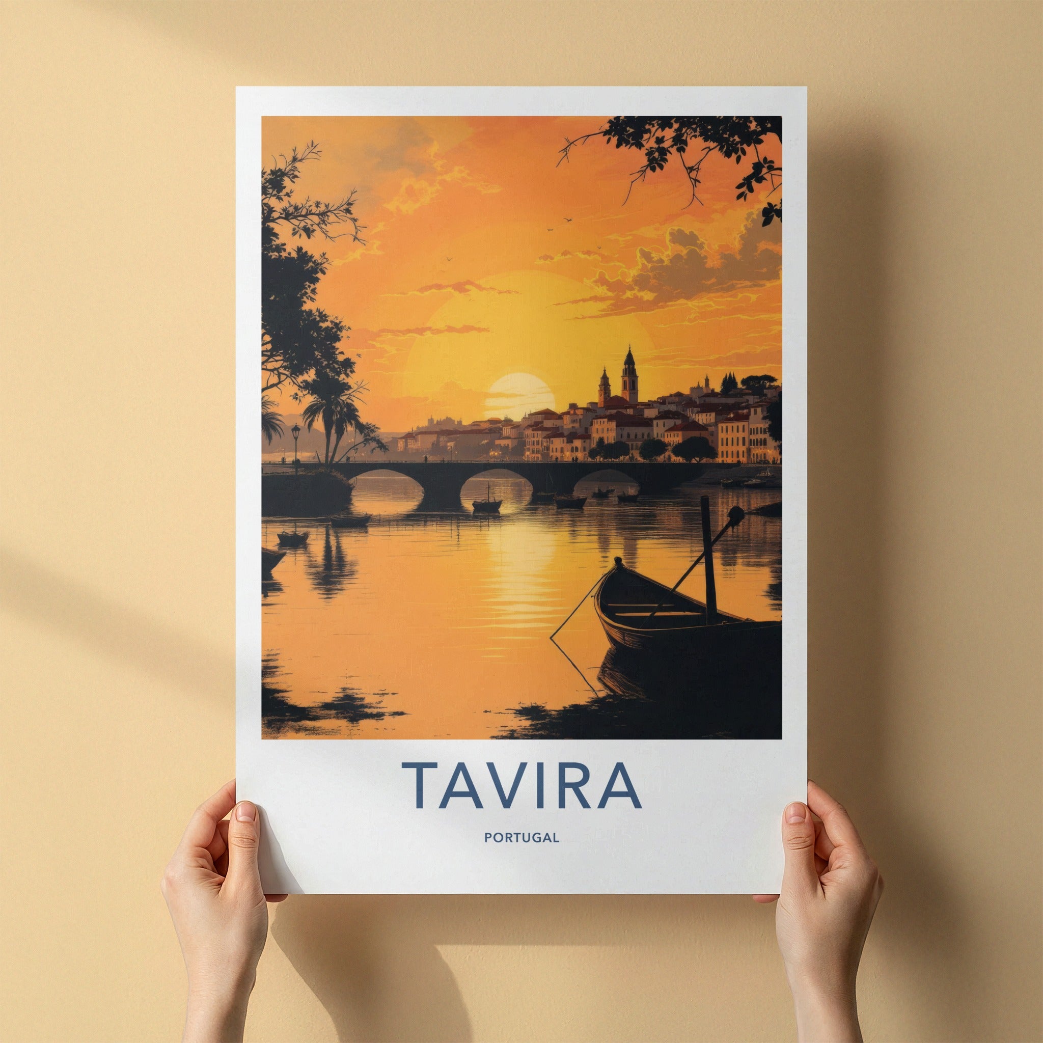 Tavira Poster - Portugal Travel Art - River Bridge Sunset Home Decor