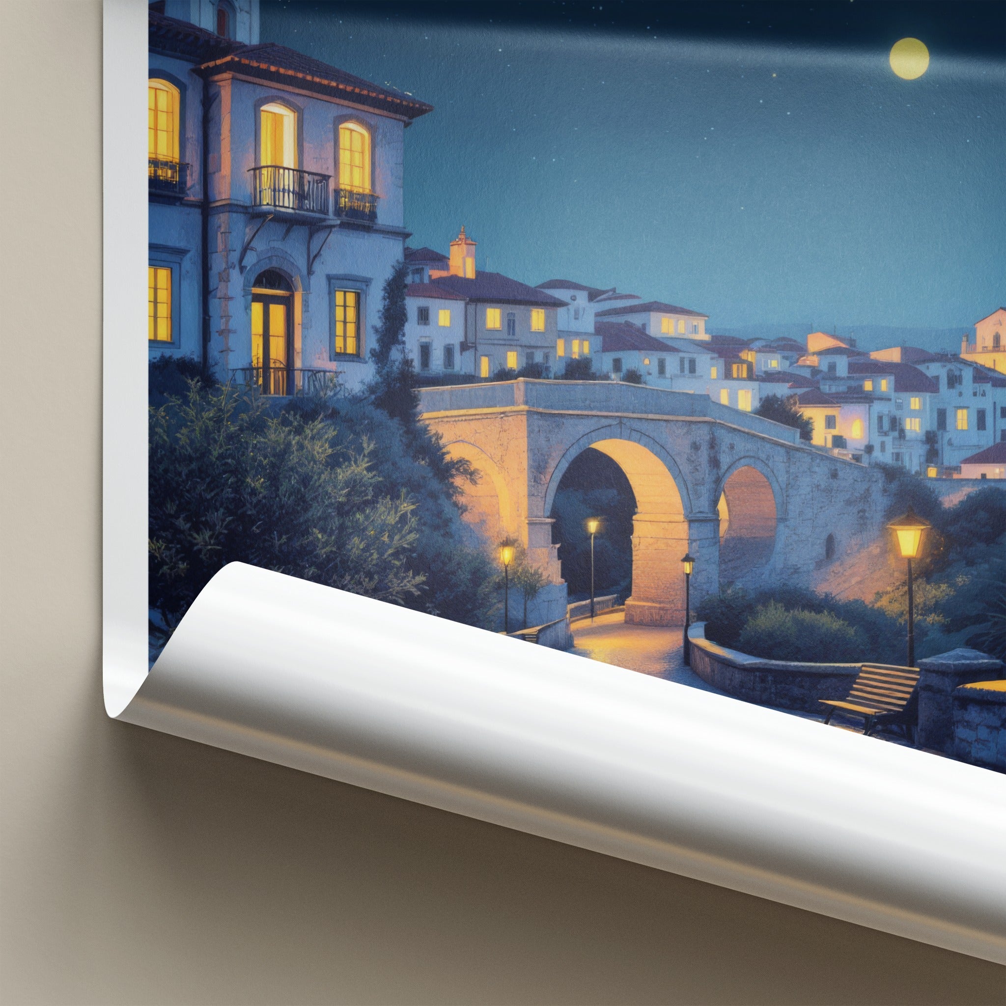 Tavira Poster - Portugal Travel Art - Starry Night Bridge Home Decor