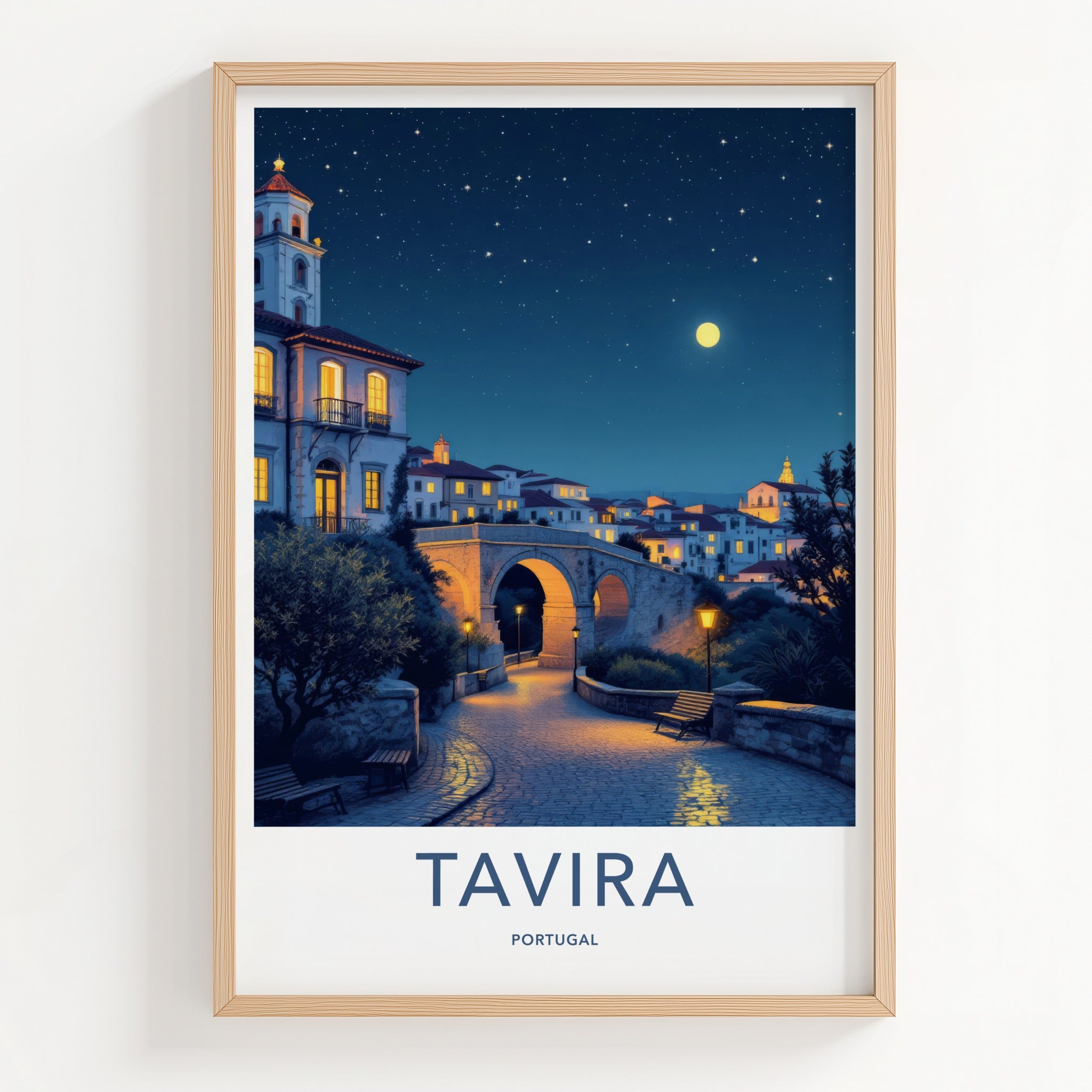 Tavira Poster - Portugal Travel Art - Starry Night Bridge Home Decor