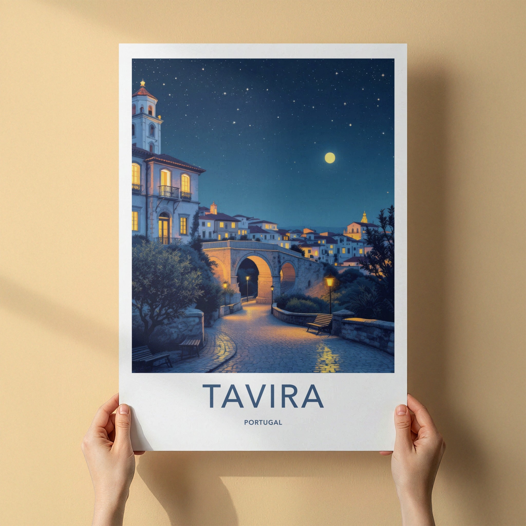 Tavira Poster - Portugal Travel Art - Starry Night Bridge Home Decor