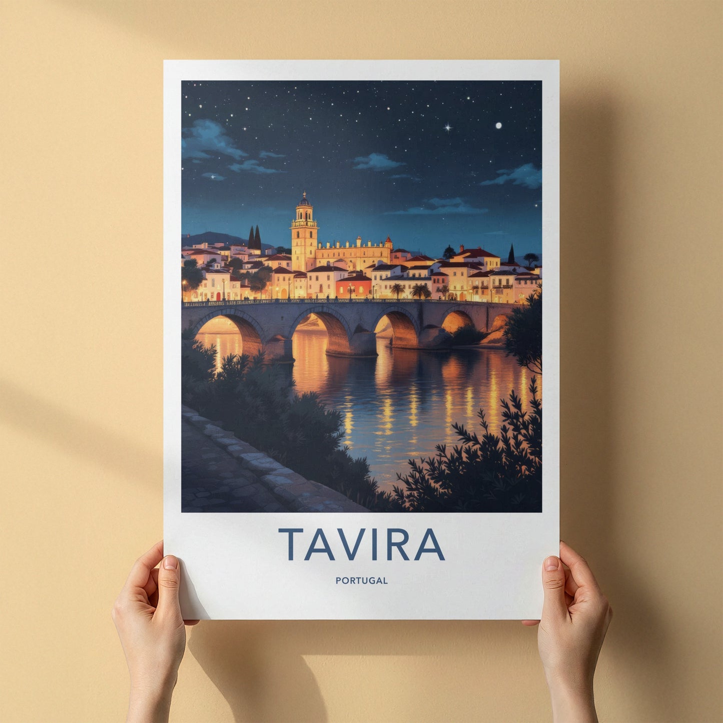 Tavira Poster - Portugal Travel Print - Arched Bridge Night Framed Decor
