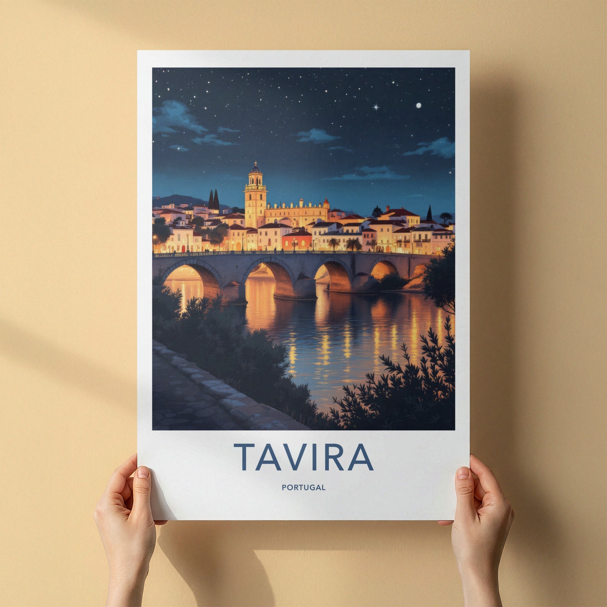 Tavira Poster - Portugal Travel Print - Arched Bridge Night Framed Decor