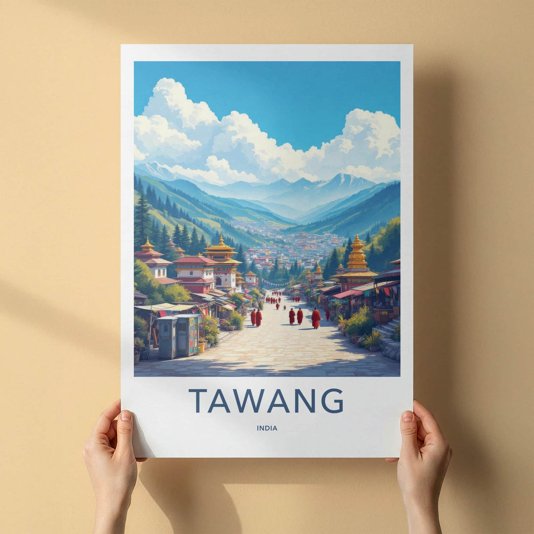 Tawang Poster - India Travel Art - Arunachal Pradesh Buddhist Town Scenic Wall Decor