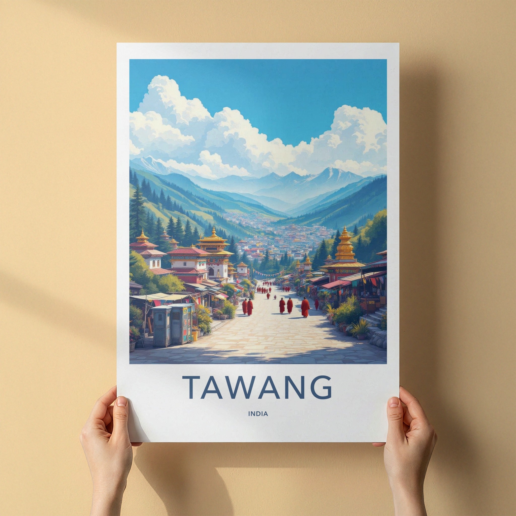 Tawang Poster - India Travel Art - Arunachal Pradesh Buddhist Town Scenic Wall Decor