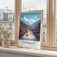 Tawang Poster - India Travel Art - Himalayan Town Monks Home Decor