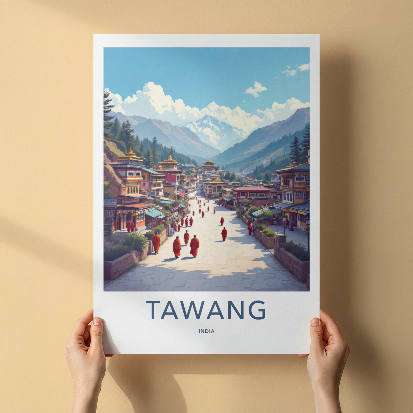 Tawang Poster - India Travel Art - Himalayan Town Monks Home Decor