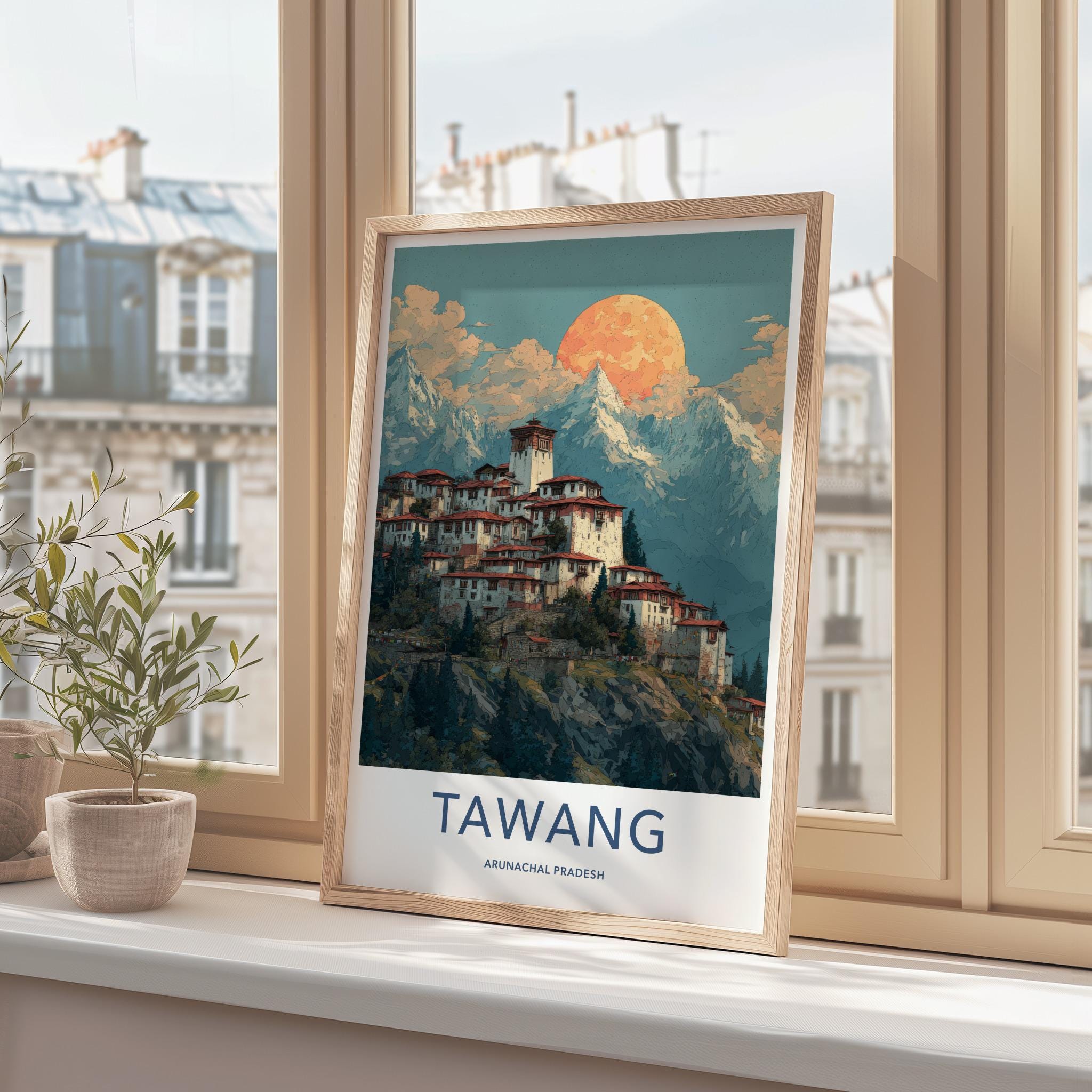 Tawang Poster - India Wall Art - Arunachal Pradesh Monastery Sunset Gift